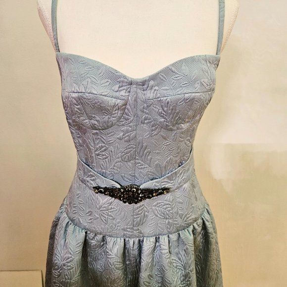 Wonderful MONIQUE LHUILLIER Light Blue Silk Brocade Beaded Formal Dress 4 XS S - Picture 3 of 14